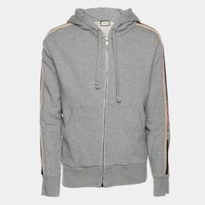 Gucci Grey Cotton Jersey Logo Web Trimming Zip-Up Hoodie S