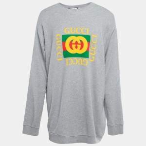 Gucci Grey Logo Print Cotton Knit Tiger Applique Oversized Sweatshirt XXXL