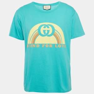 Gucci Aqua Green Cotton Blind For Love Print Crew Neck T-Shirt L