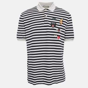 Gucci Navy Blue/White Striped Pique Cotton Polo T-Shirt XL