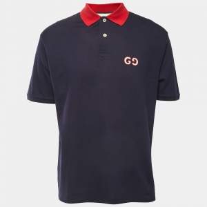 Gucci Navy Blue GG Embroidered Pique Polo T-Shirt M