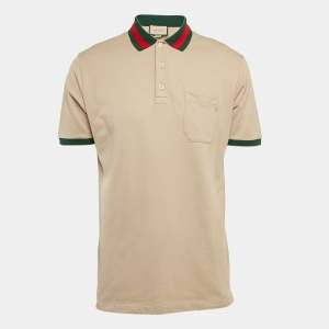 Gucci Beige Web Collar Cotton Piquet Polo T-Shirt L