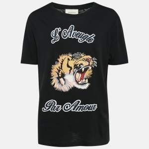 Gucci Black Tiger Patch Cotton Round Neck T-Shirt L