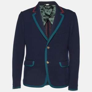 Gucci Navy Blue Textured Wool Knit Cambridge Jacket XL