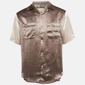 Gucci Brown Logo Applique Satin Hawaii Bowling Shirt S