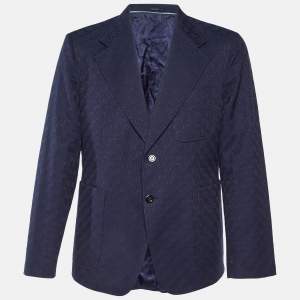 Gucci Navy Blue GG Supreme Jacquard Cotton Blend Blazer XXL