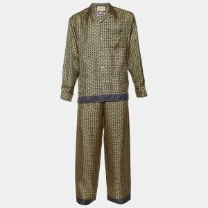 Gucci Yellow/Blue Logo Print Silk Shirt and Pant Set M