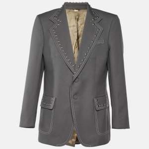 Gucci Grey Gabardine Studded Single Breasted Blazer XL