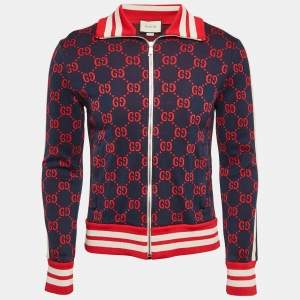 Gucci Navy Blue GG Jacquard Cotton Knit Zip-Up Jacket S