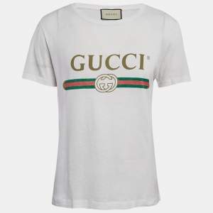 Gucci White Logo Print Cotton Round Neck T-Shirt XS