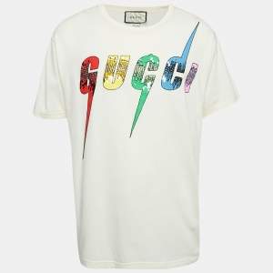 Gucci Cream Logo Embellished Cotton Crew Neck T-Shirt M