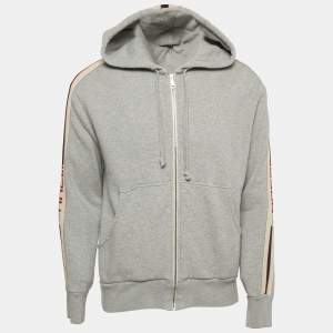 Gucci Grey Cotton Knit Contrast Trim Detail Hooded Zip-Up Sweatshirt M