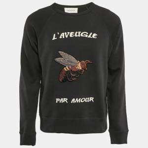 Gucci Charcoal Black Bee Embroidered Cotton Sweatshirt S