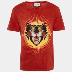 Gucci Red Angry Cat Embroidered Cotton Jersey T-Shirt S