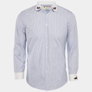 Gucci Blue Striped Cotton Butterfly Embroidered Duke Shirt M