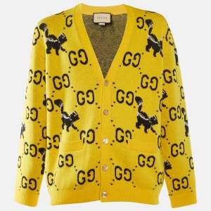 Gucci Yellow GG Skunk Wool Knit Button Front Cardigan M