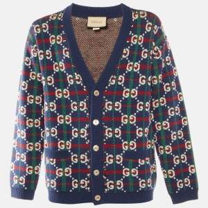 Gucci Navy Blue GG Check Wool Knit Button Front Cardigan M