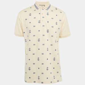Gucci Cream GG and Anchor Embroidered Pique Polo T-Shirt L