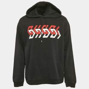 Gucci Black Logo Print Cotton Knit Hoodie L