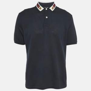 Gucci Navy Blue Cotton Pique Web Collar Detail Polo T-Shirt XL