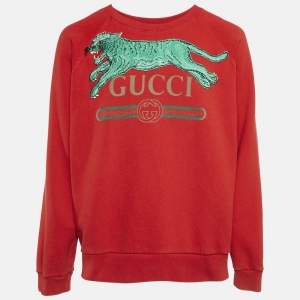 Gucci Red Tiger Applique Cotton Knit Crewneck Sweater XL