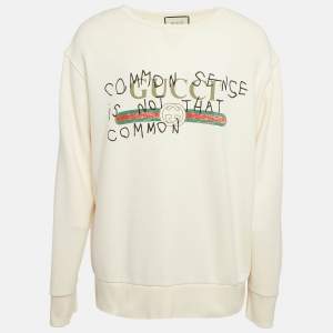 Gucci Off-White Printed Cotton Distressed Crew Neck Sweatshirt XXL