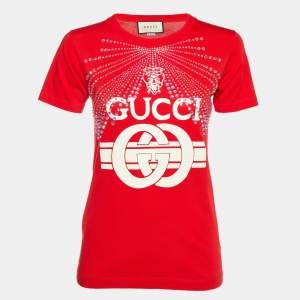 Gucci Red Cotton Logo Crystal Embellished T-Shirt S