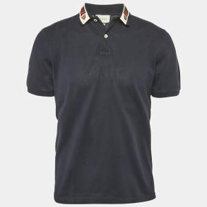 Gucci Navy Blue Cotton Pique Web Tape Collar Detail Polo T-Shirt XL