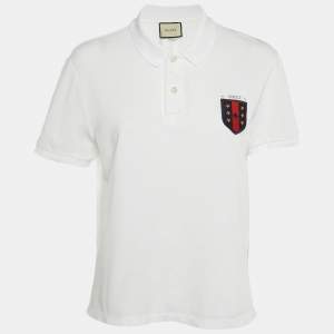 Gucci White Cotton Pique Logo Patch Detail Polo T-Shirt L
