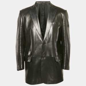 Gucci Black Leather Single Breasted Blazer L