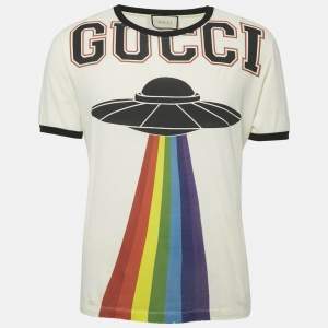 Gucci Cream UFO Print Cotton Distressed Crew Neck T-Shirt S