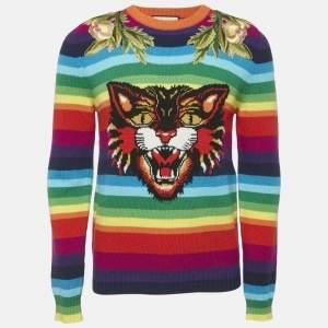 Gucci Multicolor Tiger Striped Intarsia Wool Embroidery Detail Sweater S