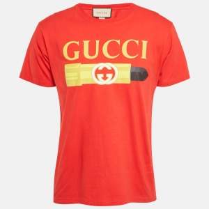 Gucci Red Logo Print Jersey Crew Neck T-Shirt S