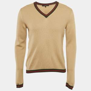 Gucci Beige Wool Web Detail V-Neck Long Sleeve Unisex Sweater M