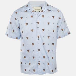 Gucci Blue Tiger Embroidered Cotton Bowling Shirt S
