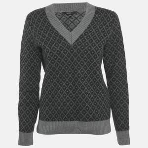 Gucci Black/Grey Diamante Wool Knit V-Neck Sweater M