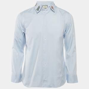 Gucci Blue Snake Embroidered Collar Cotton Duke Shirt S