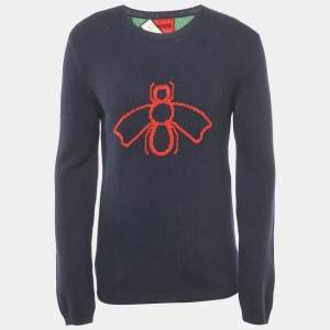 Gucci Navy Blue Bee Web Stripes Wool Sweater M