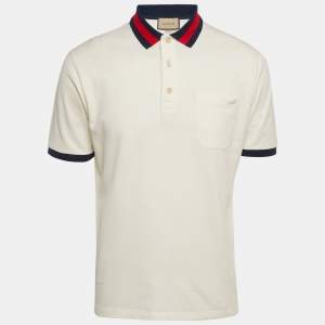 Gucci Cream GG Web Collar Pique Cotton Polo T-Shirt S
