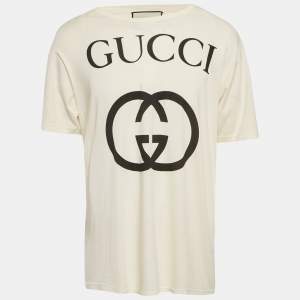 Gucci Cream Logo Print Cotton Oversized Crewneck T-Shirt XS