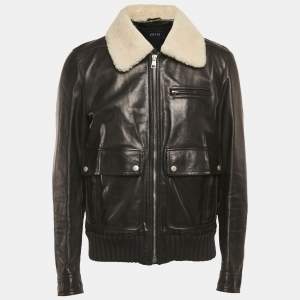 Gucci Black Leather Shearling Bomber Jacket XL
