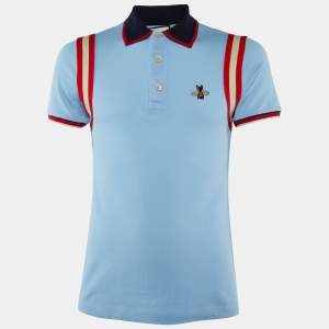 Gucci Blue Cotton Knit Logo Trim Detail Polo T-Shirt S
