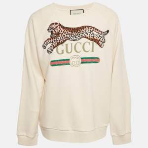 Gucci Cream Leopard Applique Cotton Knit Sweatshirt XL