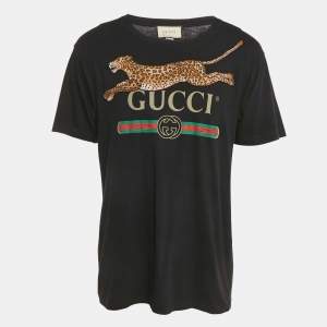 Gucci Black Logo Print Cotton Leopard Patch Detail Distressed T-Shirt M