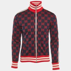 Gucci Navy Blue GG Jacquard Cotton Knit Zip-Up Jacket S