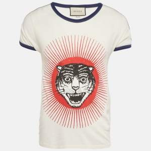 Pre Owned Gucci Cream Tiger Print Jersey Web Trim T-Shirt S 