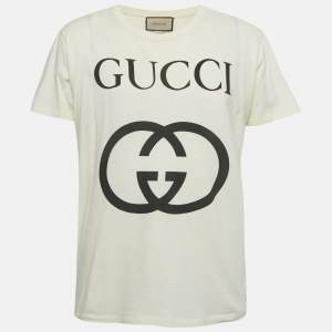 Pre Owned Gucci Cream Logo Print Jersey Crewneck T-Shirt M