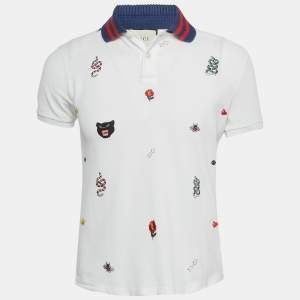 Gucci White Embroidered Cotton Rib Collar Polo T-Shirt S
