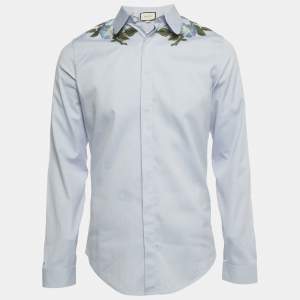 Pre Owned Gucci Blue Floral Applique Oxford Cotton Shirt M