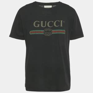 Gucci Black Logo Print Distressed Cotton Crew Neck T-Shirt S